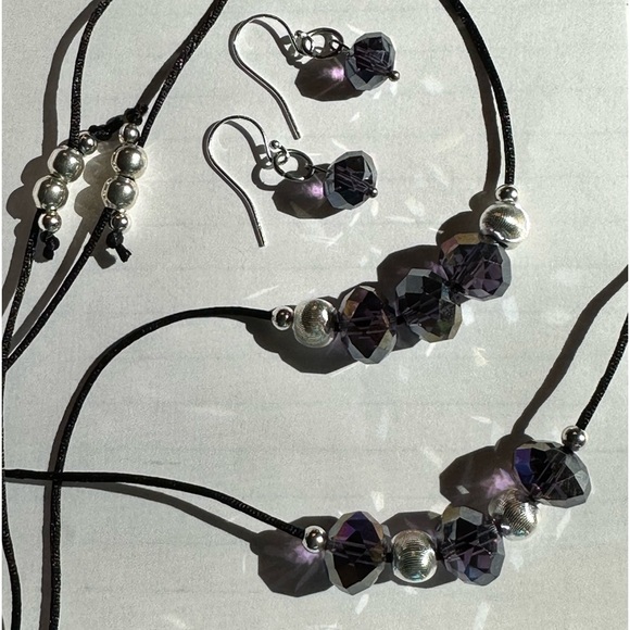 ARTISAN Dark Crystal and Silver Beads Adjustable Two Necklace Set With Earrings - Picture 4 of 9